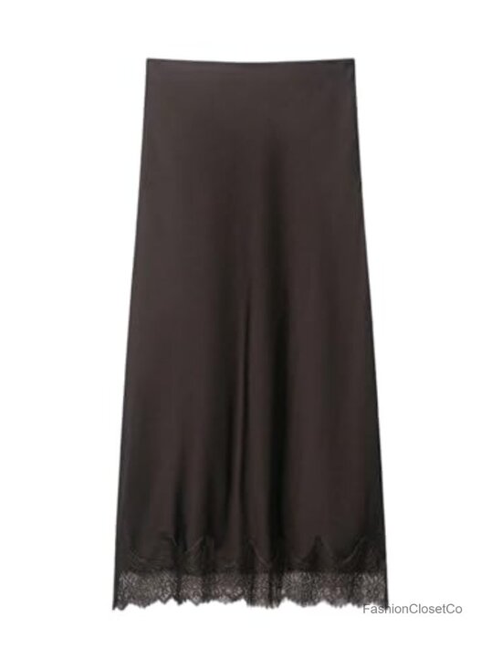 Dresses & Skirts - Satin Lace Maxi Skirt Ruffle Hem High Rise Elastic Waist A-Line